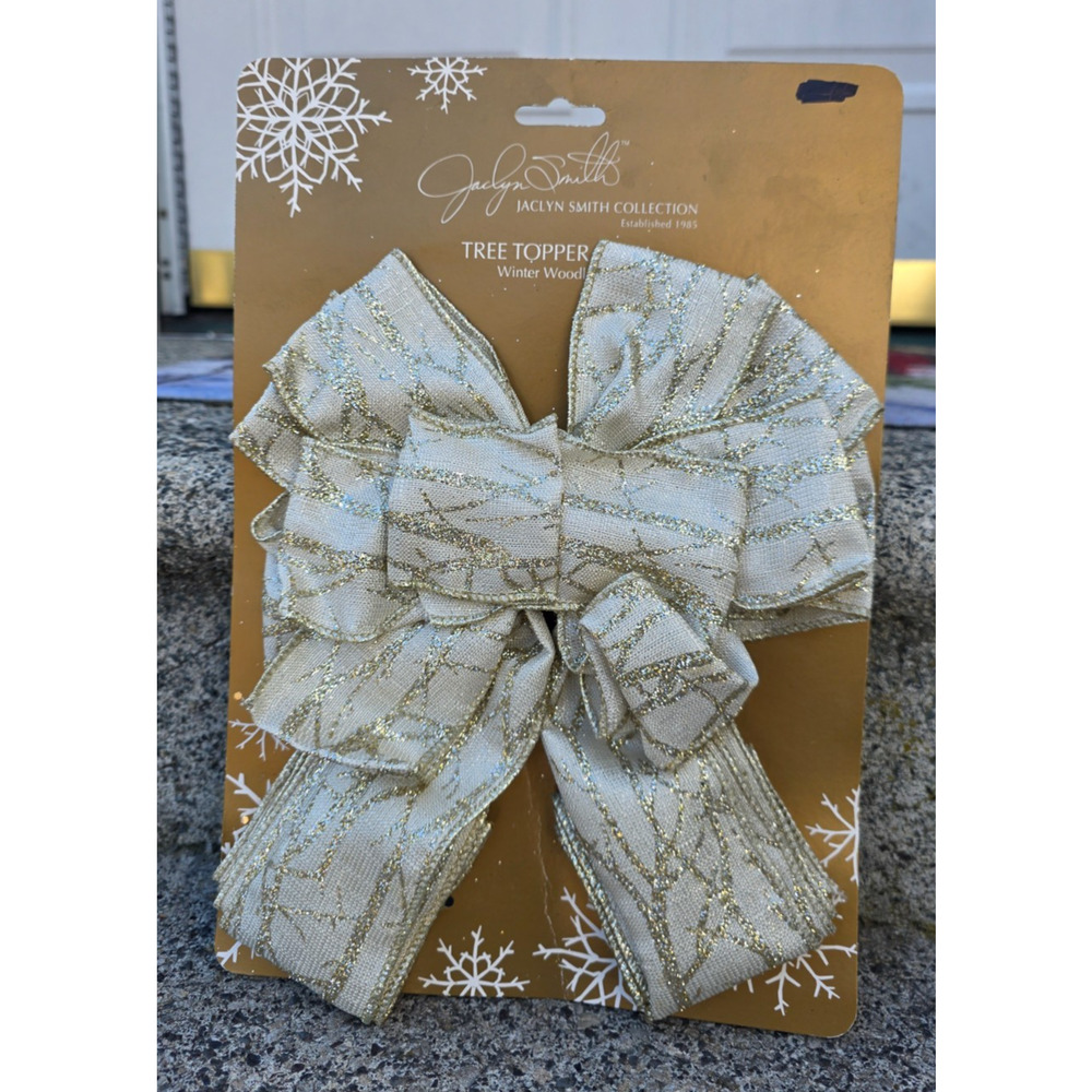 New Jaclyn Smith Christmas Holiday Winter Wonderland Tree Topper Bow - Gold